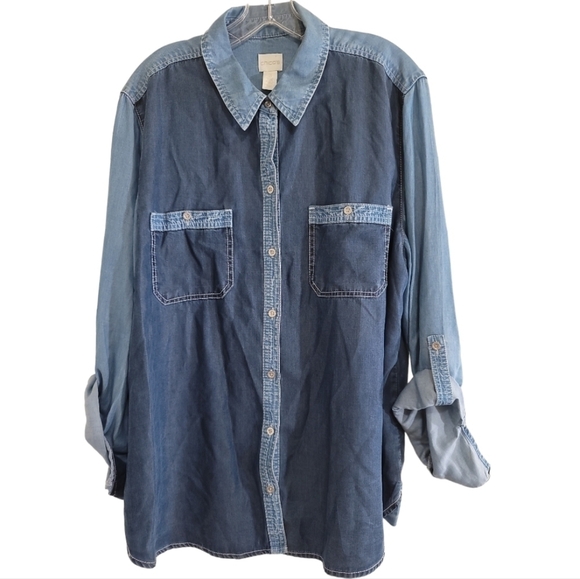 Chico's 2-tone Chambray Button Up Shirt Tencel Lyocell 3 16-18 - Picture 1 of 5